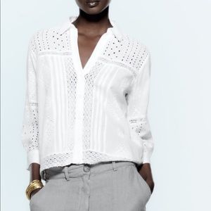 NEW Zara Black Openwork Embroidered Eyelet Blouse Shirt XS